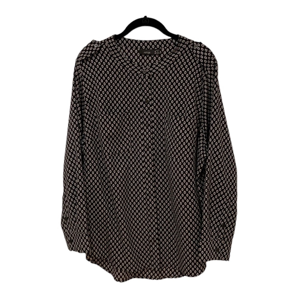 Apt. 9 Black Blouse w/ White and Brown Hexagon Pattern Long Sleeves Sz 1x